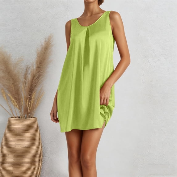 Adeawade For Women Sleeveless Summer Dress Solid Color Home Wear Round Neck Nightgown Dress Versatile Clothes Xl Green