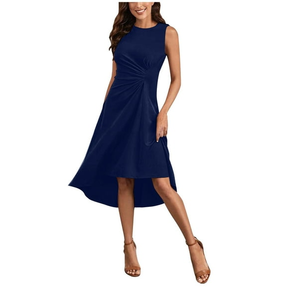 Adeawade Sundresses For Women Solid Color Sleeveless A Line Crinkle Midi Dress Round Neck Dresses Lightweight Classic Daily Wear Bu1 Xl