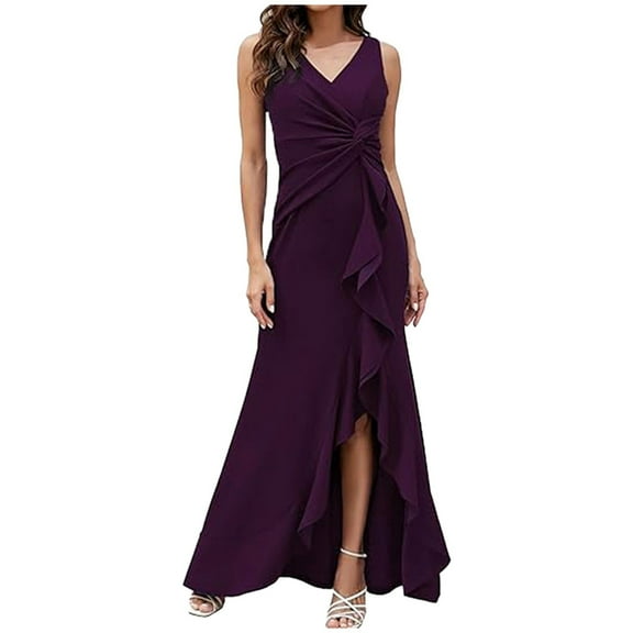 Adeawade For Women V Neck Evening Gown Dress Sleeveless Max Dress Two Piece Slim Fit Long Dress Simple Style Classic Daily Wear Purple Xl