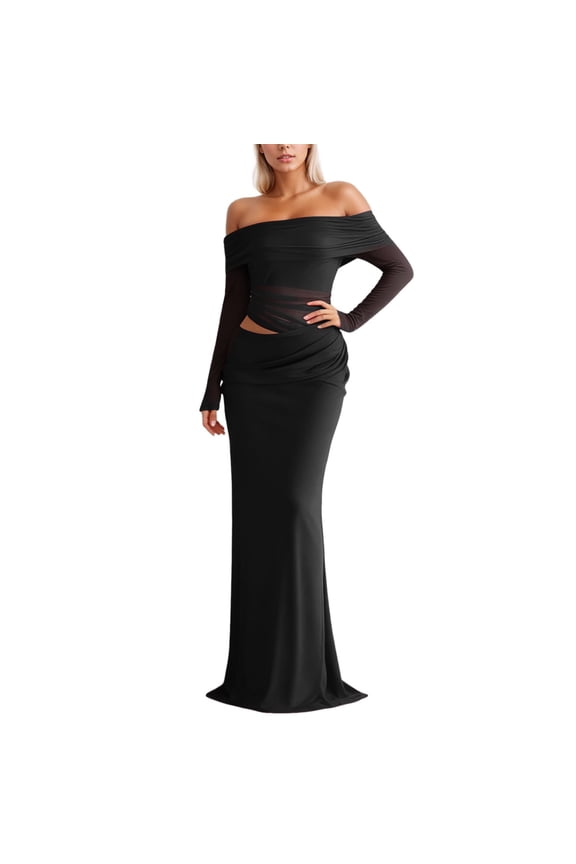 For Women Round Neck Long Sleeve Off Shoulder Long Maxi Dress With Sheer Mesh Insert Flowy Evening Party Gown Classic Streetwear Black S