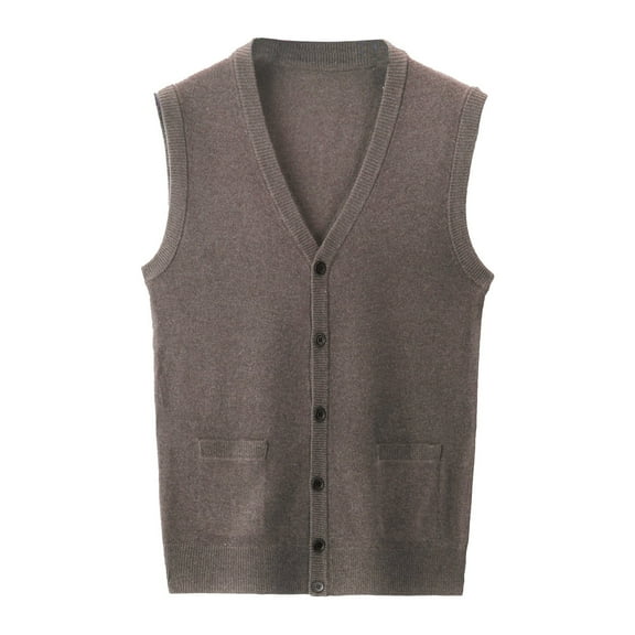 Adeawade Sweaters For Men Long Sleeve Male Autumn And Winter Buckle Sweater V Neck Pure Color Collarless Shirt Hooded Vest Casual Wear Brown 2Xl