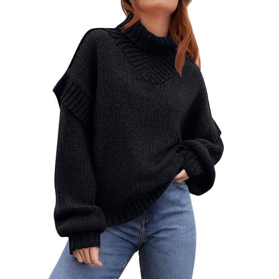 Adeawade Sweaters For Women Round Neck Bulky Knit Pullover Sweater Long Sleeve Winter Warm Outerwear Shirt Casual Wear Black L