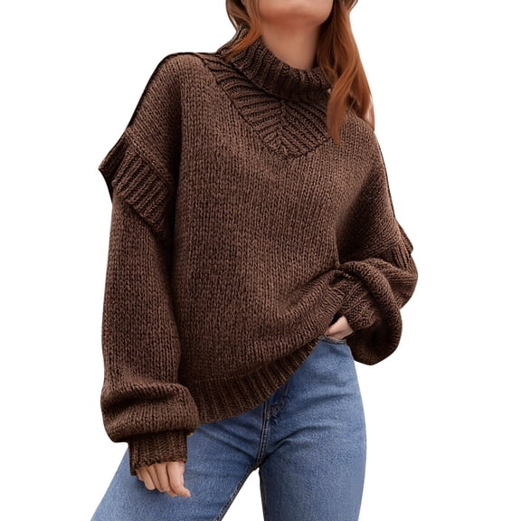Adeawade Sweaters For Women Trendy Round Neck Bulky Knit Pullover Sweater Long Sleeve Winter Warm Outerwear Shirt Relax Fit Clothes Brown Xl