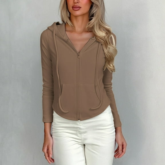 Adeawade Sweatshirt For Women Long Sleeve Hoodies Solid Color Cardigans Zipper Lightweight Fit Sweatshirt Fall Winter Cute Tops Soft Clothes Coffee M