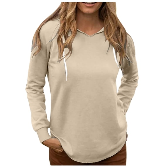 Adeawade Sweatshirts For Women Solid Color V Neck Hooded Long Sleeved Pullover Blouse Beige L Simple Style Playsuit