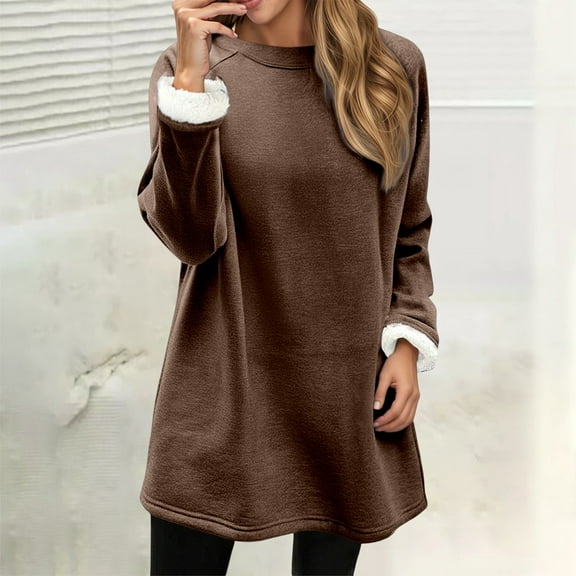Adeawade Sweatshirts For Women Long Sleeve Hoodless Warm Pullover Dress With Drawstring For Home Wear Fall Winter Soft Tops Versatile Clothes Coffee M