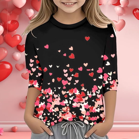 Adeawade T Shirts For Girl Valentine'S Day Long Sleeve T Shirt Floral Prints Top Crew Neck Tee Shirt Adorable Summer Wear 9-10 Years Black