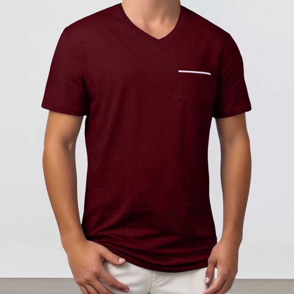 Adeawade T Shirts For Man Spring And Summer Solid Color V Neck Pocket T Shirt Temperament Short Sleeves Red Xl