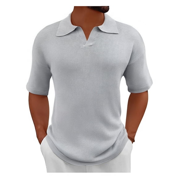 Adeawade T Shirts For Man Summer Short Sleeved Blouse Lapel Small V Neck Linen Shirt Solid Color Tops Basic Clothes Grey 3Xl