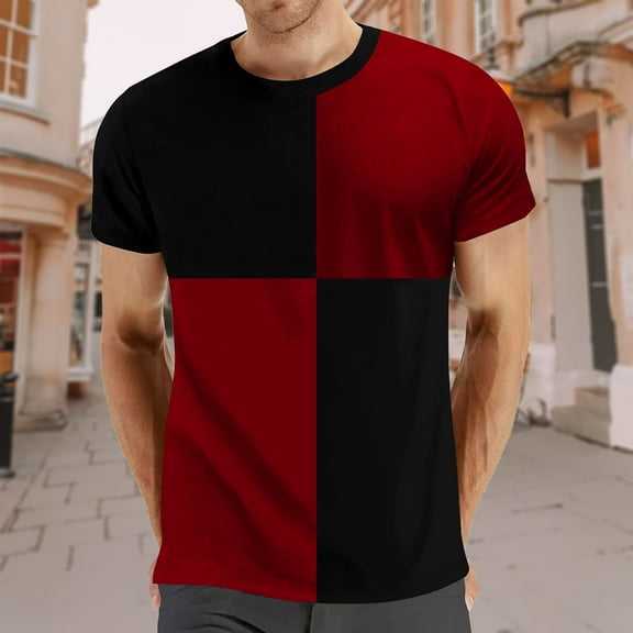 Adeawade T Shirts For Men Men Pure Color O Neck Splicing Short Sleeve Shirt Top Wine L