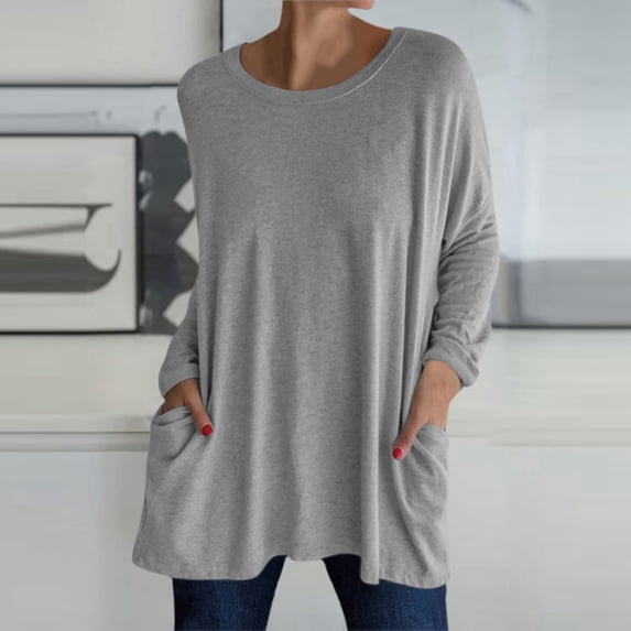 Adeawade T Shirts For Women Crewneck Tops Long Sleeve Solid Color Elegants Tee Daily Wear 3Xl Grey