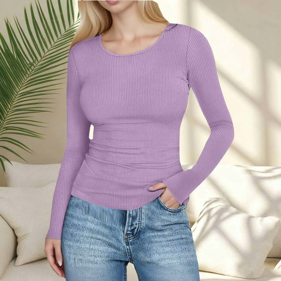 Adeawade T Shirts For Women Long Sleeve Solid Color Tops Crewneck Classic Tee Clothing Xl Purple