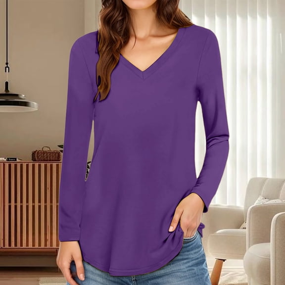 Adeawade T Shirts For Women Long Sleeve V Neck Tops Solid Color Basic Tee Clothes 6Xl Dark Purple