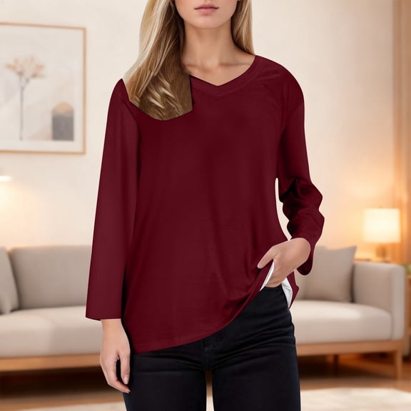 Adeawade T Shirts For Women Long Sleeve V Neck Tops Solid Color Basic Tee Clothing 3Xl Wine