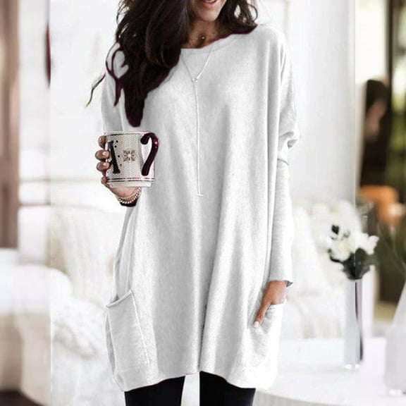 Adeawade T Shirts For Women Round Neck Long Sleeve Loose Fit Solid Color Fashion Tee Daily Wear L White