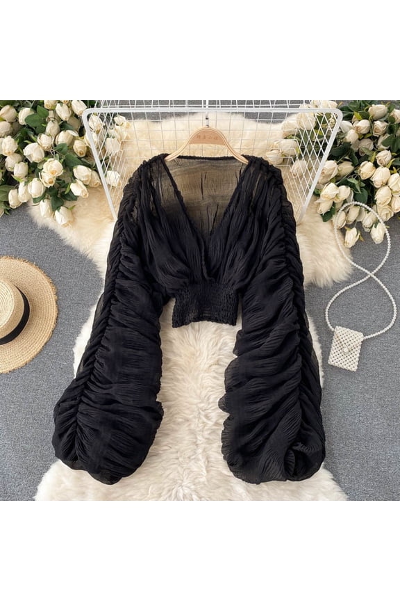 T Shirts For Women Round Neck Slim Fit Chiffon Tops Long Puff Sleeve Solid Color Elegants Tee Cute Daily Wear One Size Black