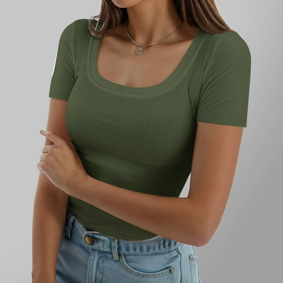 Adeawade T Shirts For Women Short Sleeve Solid Color Blouse Square Neck Classic Tee Casual Clothes L Green
