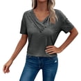 thumbnail image 1 of Adeawade T Shirts For Women V Neck Button Down Tee Solid Color Short Sleeved Tops Cute Clothing Dark Gray S, 1 of 4