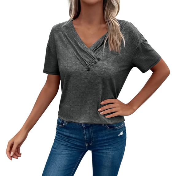 Adeawade T Shirts For Women V Neck Button Down Tee Solid Color Short Sleeved Tops Cute Clothing Dark Gray S