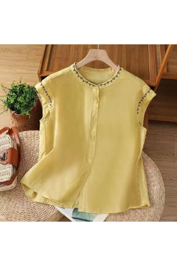T Shirts For Womens Linen Shirt With Embroidery Detail Round Neck Flutter Sleeve Blouse Adorable Clothing Yellow 2Xl