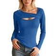 thumbnail image 1 of Adeawade T Shirts For Womens Long Sleeve Blouse Solid Color Tee Chic Style Asymmetric Hem Slim Fit Top Trend Wear Sky Blue L, 1 of 5