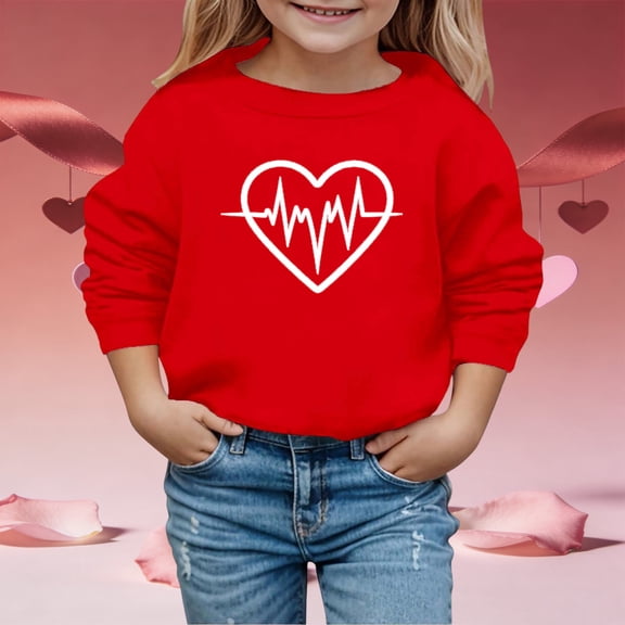 Adeawade T Shirts For Girl Valentine'S Day Long Sleeve Crewneck Sweatshirt For Girls With Heart Print Warm Winter Pullover Top For Kids Crewneck Tee Simple Style Summer Playsuit 3-4 Years Red
