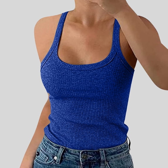 Adeawade Tank Tops Womens Spaghetti Strap Scoop Neck Ribbed T Shirt Slim Fitted Camisole Sleeveless Layering Shirts Basic Wear Blue S