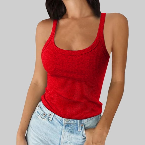 Adeawade Tank Tops Womens Spaghetti Strap Scoop Neck Ribbed T Shirt Slim Fitted Camisole Sleeveless Layering Shirts Retro Vest Tops Red S