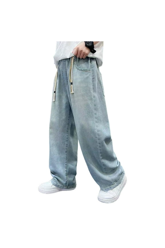 Teen Boy Pants Baggy Pants Solid Color Trousers Straight Leg Slacks Leisure Wear Blue Teen