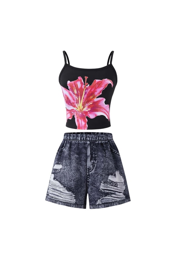 Teen Clothes For Girl Round Neck Summer Outfit Sleeveless Crop Top With Printed Denim Shorts Two Piece For Teen Youth Versatile Outfits Spring Clothings Black 10-11 Years