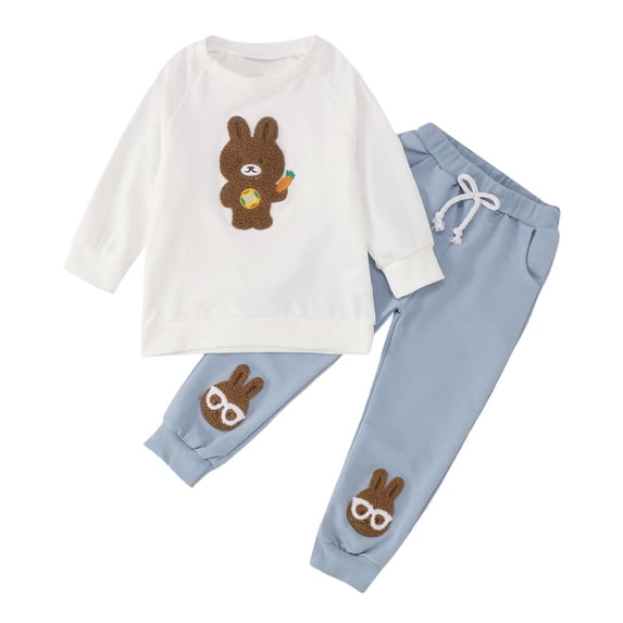 Adeawade Toddler Easter Outfits For Girls 12-18 Months Spring And Autumn Children Rabbit Embroidered Long Sleeve Hoodie + Trousers Two Piece Set Comfortable Summer Clothing White