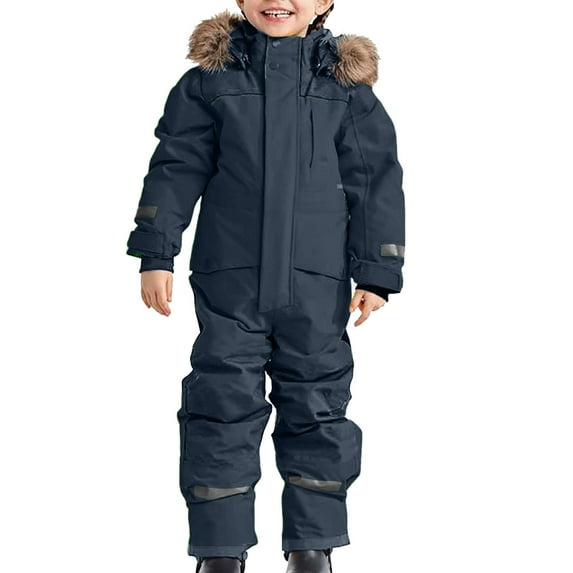 Adeawade Toddler Girls Spring Onesie 11-12 Years Long Sleeve Round Neck Snowsuit Thermal Ski Overall Winter Warm Overall Windproof With Removable Hood Outdoor Softshell Suit Simple Style Clothes Blue