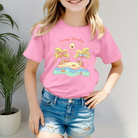 Adeawade Tops For Girls Short Sleeve Tee Boys Girls' Island Print Kids' Crewneck T Shirts Adorable Summer Wear 4-5 Years Pink