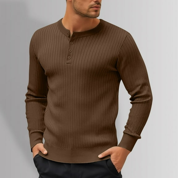 Adeawade Tops For Mens Long Sleeve Mens Knit Sweater Button Down Lightweight Sweater Fall Slim Fit Ribbed Pullover Fashion Basic Clothes Brown