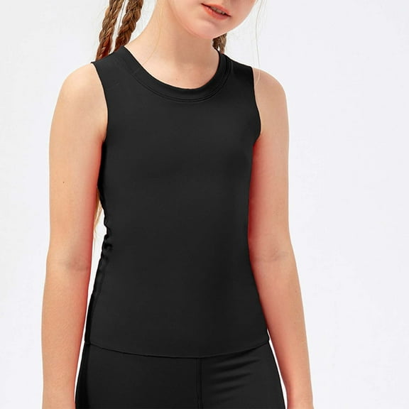 Adeawade Tops For Girl Sleeveless Workout Tank Top Stretchy Yoga Vest For Kids Athletic Blouse Activewear For Sports And Dance Tee O Neck T Shirts Simple Style Wear 5-6 Years Black