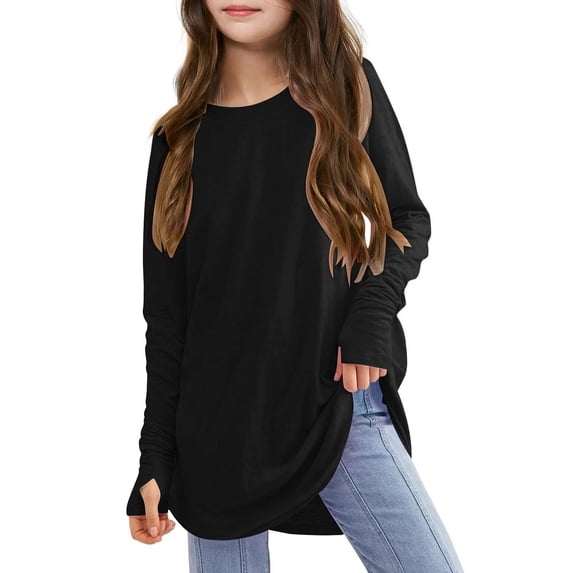 Adeawade Tops For Girls Long Sleeve Children Kids Long Sleeve Top Loose Solid Color Shirt Blouse Tee O Neck T Shirts Relax Fit Summer Clothes 13-14 Years Black