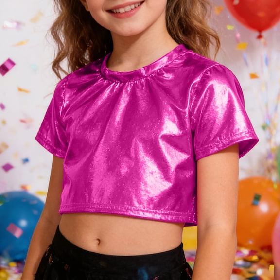 Adeawade Tops For Girls Short Sleeve Girls Metallic Shiny Performance Top Cool Robot Dance Crop Tee For Stage Show Round Neck Tee Comfortable Wear 3-4 Years Hot Pink