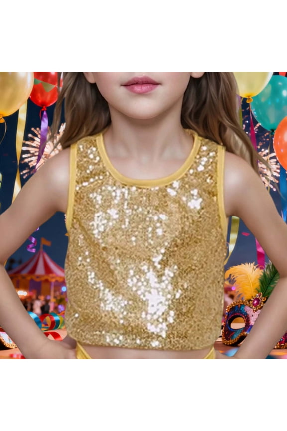 Tops For Girls Short Sleeve Girls Performance Vest Stretch Sequin Tank Top For Holiday Choir Concert Stage Show Round Neck Tee Trend Playsuit 3-4 Years Gold