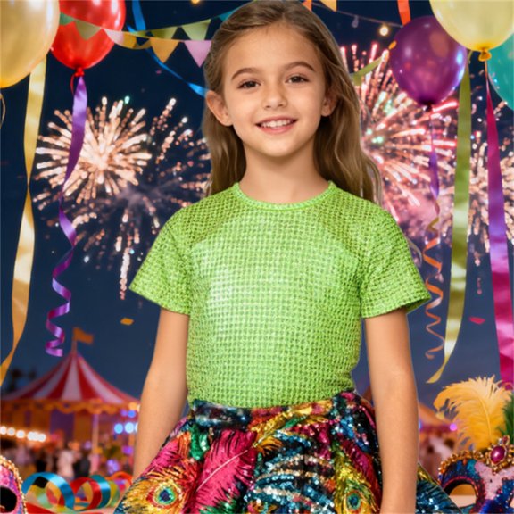 Adeawade Tops For Girls Short Sleeve Girls Sequin Performance Top Dance Shirt Stage Sparkly Glitter Tee For Kids Show Round Neck Tee Trend Playsuit 15-16 Years Green