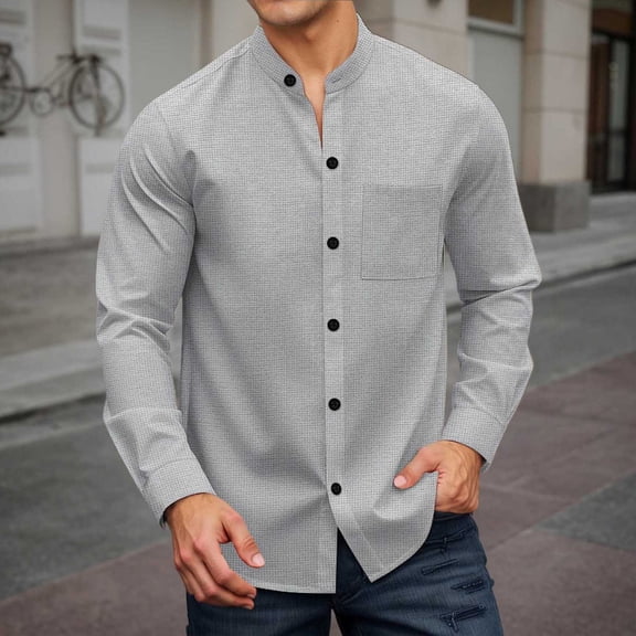Adeawade Tops For Mens Long Sleeve Men'S Knit Button Down Shirt Loose Fit Stand Collar Top For Autumn Winter Daily Wear Comfortable Basic Clothes Grey