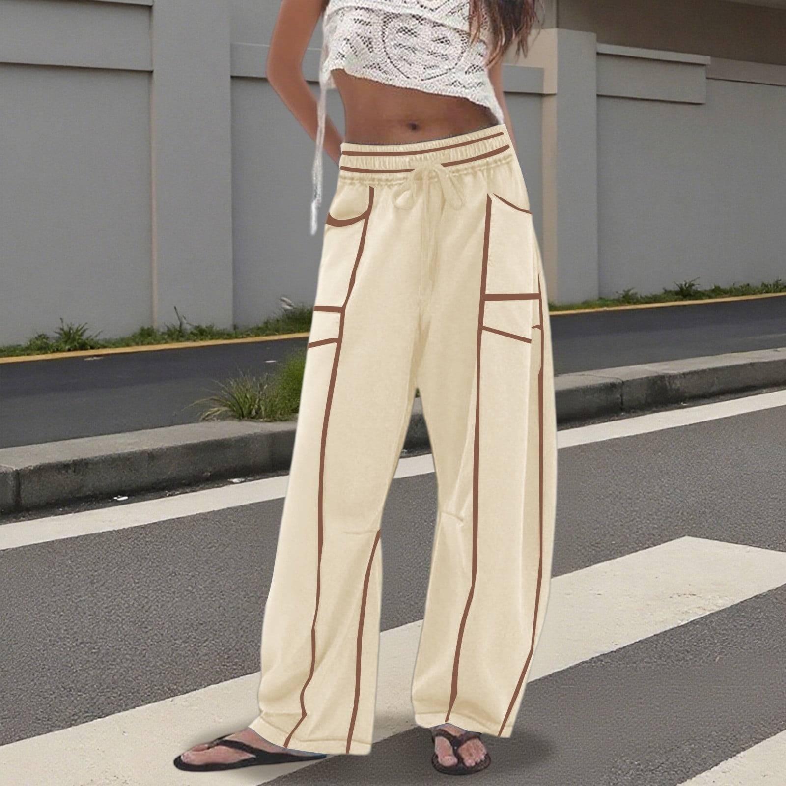 Adeawade Trousers For Women Loose Wide Leg Summer Solid Color Stretchy ...