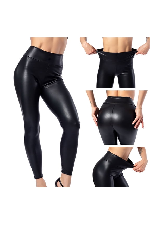 Trousers Pants For Women Butto Leggings Leather Wet Look Shiny Disco High Waist Trouser Pants Durable Wear 3Xl Black