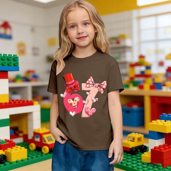 Adeawade Valentine'S Day Girl T Shirts Crewneck Shirts Short Sleeve Top With Graphic Print Loose Fit Tee For Kids Classic Spring Wear 2-3 Years Coffee