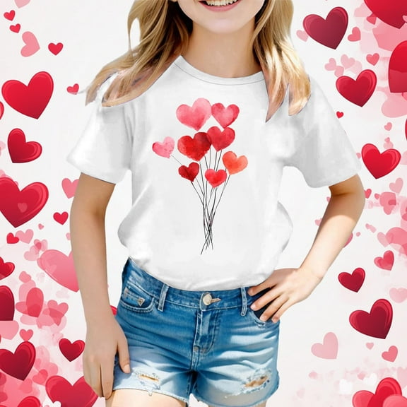 Adeawade Valentine'S Day T Shirts For Girls Children'S Short Sleeve Top Cartoon Printed T Shirt Crenwck Shirt Basic Spring Playsuit 10-11 Years White
