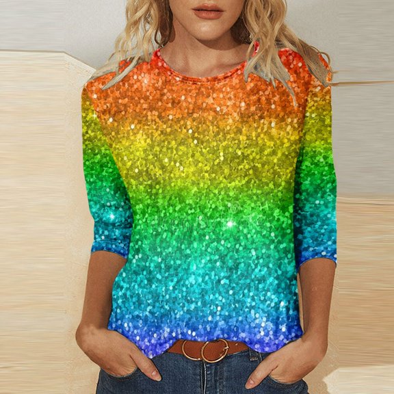 Adeawade Valentine'S Day T Shirts For Women Quarter Sleeved T Shirt Round Neck Carnival Colorful Stripe Printed Top Leisure Daily Wear L N