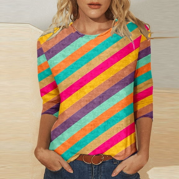 Adeawade Valentine'S Day Womens T Shirts Quarter Sleeved T Shirt Round Neck Carnival Colorful Stripe Printed Top Versatile Daily Wear Xl J