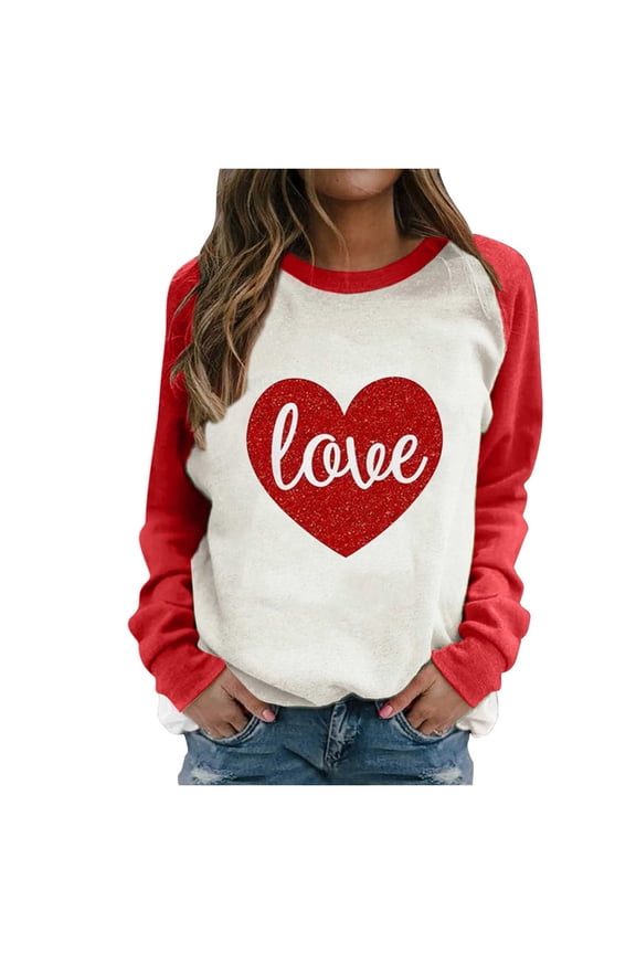 Valentine'S Day Womens Tshirt Love Print Tee Loose Raglan O-Neck Long-Sleeved Sweatshirt Top Cute Clothes Xl Red