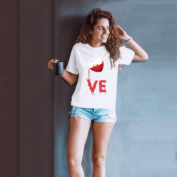 Adeawade Valentine'S Day Womens Tshirts Short Sleeve T Shirt Men Couples Crewneck Tee Heartprints Tops Casual Clothes M White