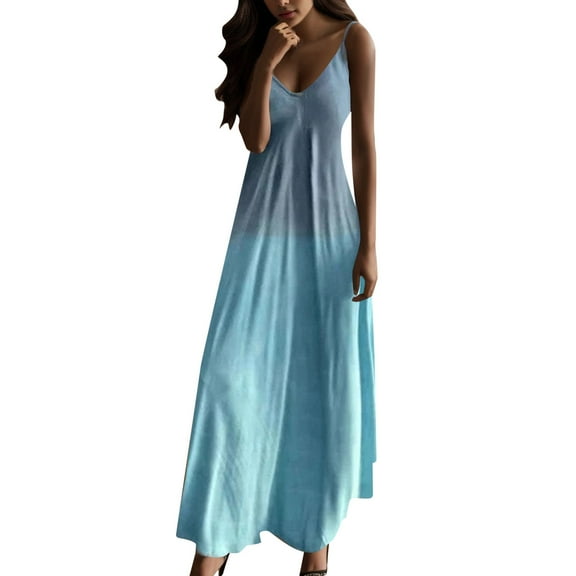 Adeawade Winter Dresses For Women 2025 Long Dress Camisole V Neck Tank Maxi Print Sleeveless Dress Simple Style Classic Daily Wear Sky Blue L