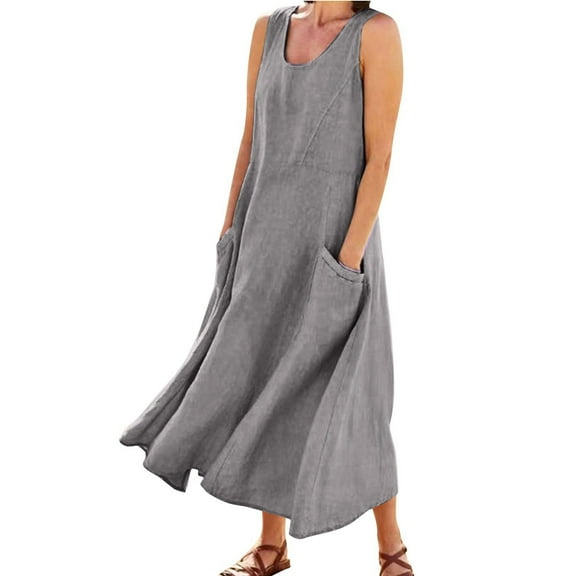 Adeawade Winter Dresses For Women Sleeveless Ladies Solid Color Round Neck Pockets Long Dress Daily Tank Dress Dark Gray 5Xl
